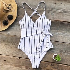 Cupshe Stay Young White Stripe Wrap One Piece